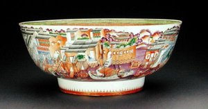 Cuenco, decorado en paleta mandarín con una escena de los Hongs en Cantón, Periodo Quianlong, c.1770